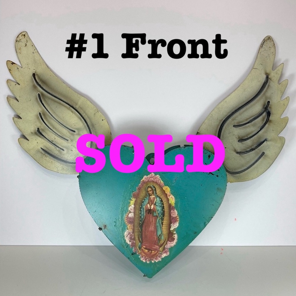 Rustic tin metal heart with wings, Our Lady of Guadalupe - Picture 6 of 9